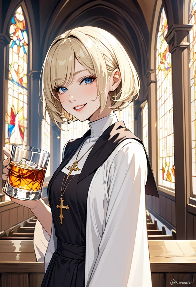 Nuns、Late thirties、Blonde Short Hair、White skin、Being in church、Alone with a glass of whiskey in one hand、Monastic Clothes、slender、Beauty、Otomasari、Assertive、cheerful personality