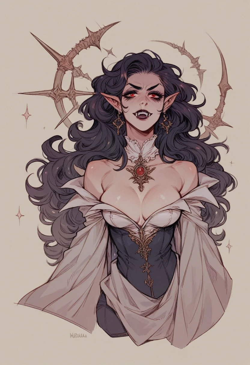 Vampire Woman、Nobleman's Mansion、Super luxury room、Elegant furnishings、Starry Sky、Late Night、Glowing red eyes、I can see the vampire's fangs、Full Color、Big Breasts、Black suit、Red Cape、Composition from directly below、