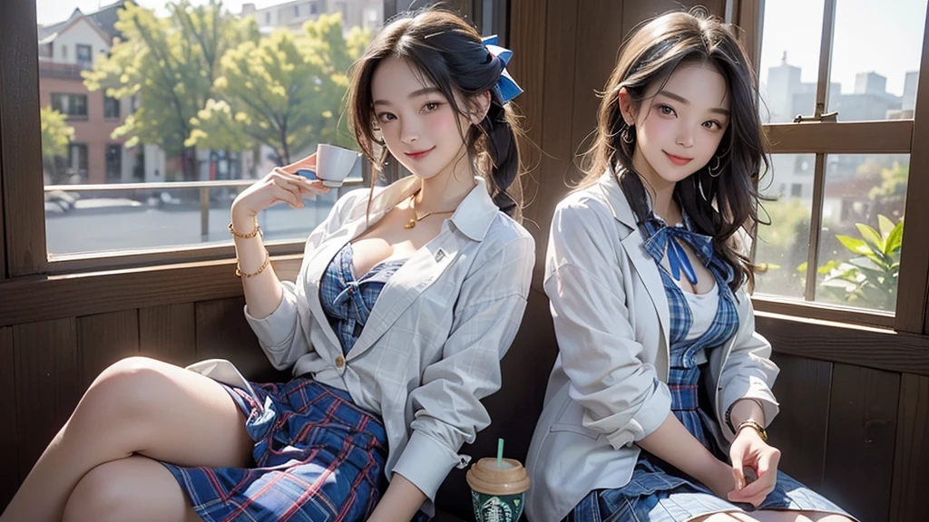 8K、RAW Photos、Highest quality、Super detailed、Super Resolution、Ultra HD、8K壁紙、Amazing details American blazer uniform girl ((White blouse with formal collar, Blue blazer, Blue plaid skirt, Red checkered ribbon on blouse)), Complete limbs, Full Finger, 
((Inside the Starbucks store))、16 year old female student、((Eat cake、Drink coffee、smile))、Heart Necklace、Gold bracelet
((Emphasize cleavage))
(((Woman sitting at the window seat)))
