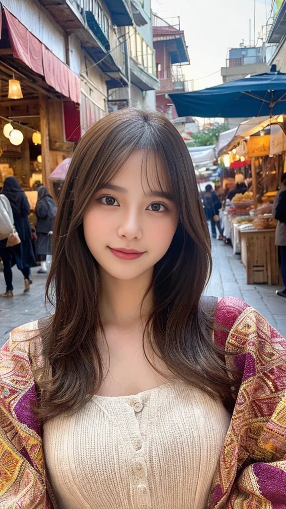 (Highest quality, Super detailed, Realistic:1.37), Professional, Beautiful attention to detail, Beautiful lip detail, Detailed facial features, Natural Skin Tone, Perfect skin texture, Delicate expression, High resolution images, Realistic face, Realistic skin, Ordinary face, Natural smile, Highly detailed hair, (Behold), 18-year-old, (Beautiful Turkish Girl), Immerse yourself in the vibrant atmosphere of a Turkish bazaar. Wearing trendy outfits, She walks through a bustling market, Surrounded by colorful fabrics, spices, Handcrafted products. The high-resolution image captures Super detailed realism, highlighting Behold's captivating eyes, Long eyelashes, Smooth Skin. The vibrant atmosphere of the bazaar adds to the cultural richness, A visual representation of your Turkish adventure.