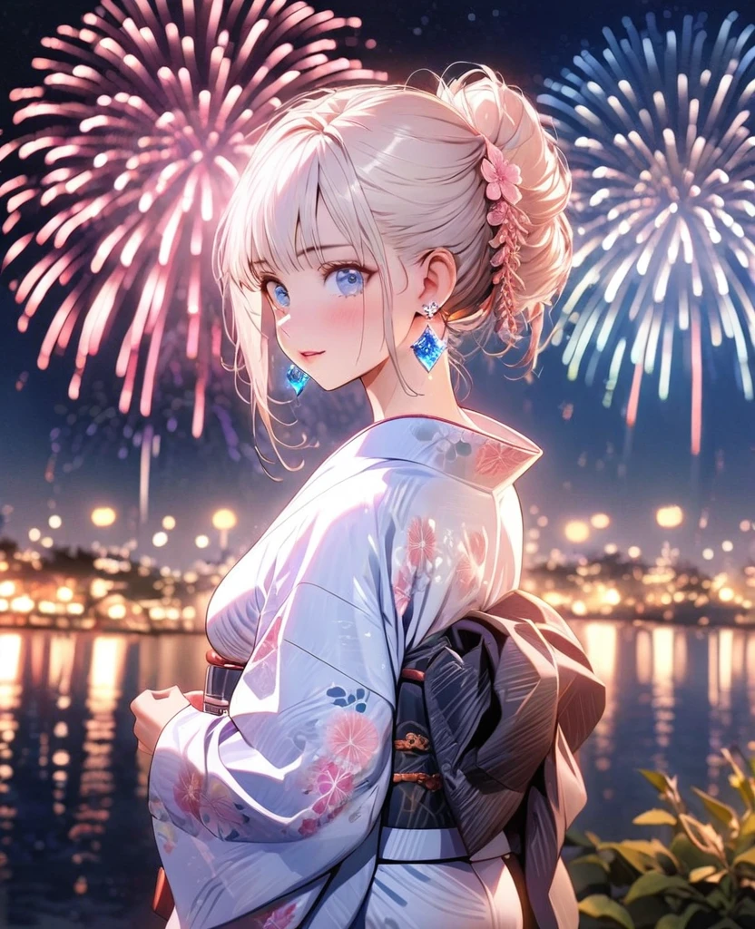 8K,gal,Beautiful and realistic skin,Shiny jewel-like earrings,Pink glowing tattoo,Long white hair,blue eyes,whole body,Night view,yukata,Big fireworks,Sparkling landscape,