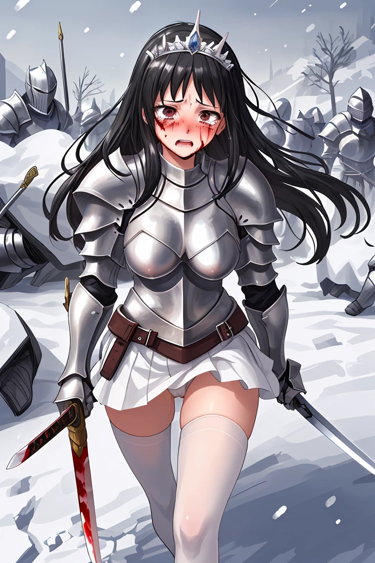 female knight Silver Armor Large sword Black Hair tiara Beautiful breasts Shortcuts Torn white miniskirt White panties Torn white tights battlefield snow Bleeding injury Holding back tears
