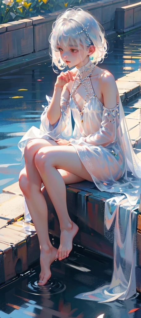 A girl、symmetry,Daughter,whole body 女恋,Put your hands together and bloom,(Very detailed:1.mall :1.2))、The eyes are well drawn、Charming eyes、Double tail、Wear jewelry and pearls around your neck,Transparent openwork、Deep V、Crystal Pearls、在Wear jewelry and pearls around your neck,white hair, show your thighs, Bare shoulders, Show Clavicle, Yao Liu, barefoot,((whole body))、painful posture