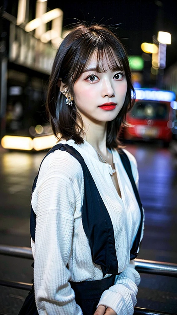 (Highest quality, 8K, 32k, masterpiece, Ultra-high resolution: 1.2), Cute Japanese Women Photos, Short Bob Hair, Full body view, Extra Large_one piece, Earrings, Model pose,(Cinematic aesthetics:1.4), Beautiful fashion model,Bokeh city night photo