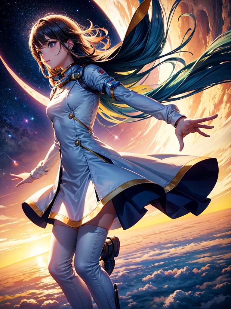 Highest quality,Highest Resolution,A beautiful android girl flying in space,Earth in the background,Equipped with cutting-edge technology,