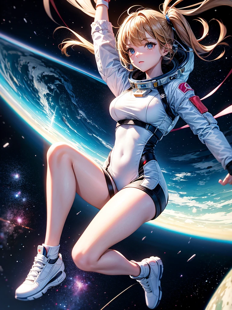Highest quality,Highest Resolution,A beautiful android girl flying in space,Earth in the background,Equipped with cutting-edge technology,