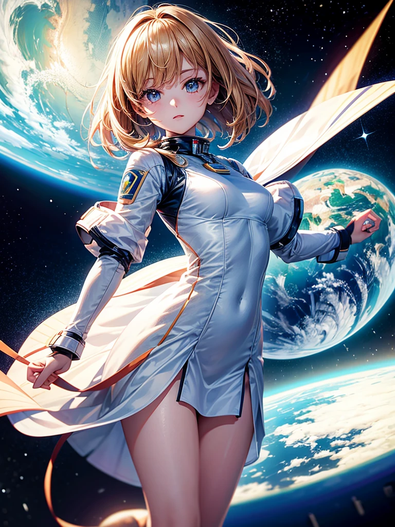 Highest quality,Highest Resolution,A beautiful android girl flying in space,Earth in the background,Equipped with cutting-edge technology,