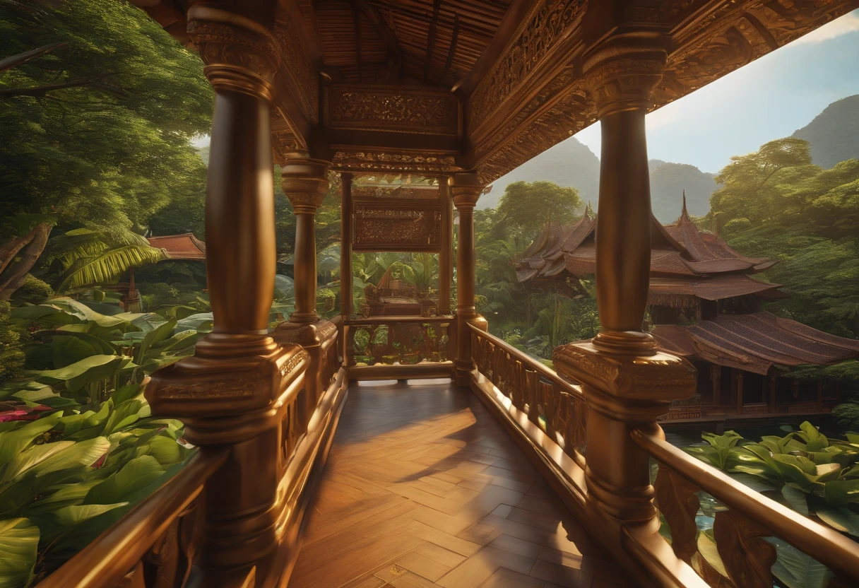 a detailed traditional golden teak thai house, intricate wood carvings, ornate roof, surrounded by lush greenery, tropical plants, lotus pond, sunlight filtering through trees, warm golden tones, (best quality,4k,8k,highres,masterpiece:1.2),ultra-detailed,(realistic,photorealistic,photo-realistic:1.37),HDR,UHD,studio lighting,ultra-fine painting,sharp focus,physically-based rendering,extreme detail description,professional,vivid colors,bokeh,architecture,landscape,tropical,nature,sunlight,golden,beautiful young woman,detailed face,detailed eyes,detailed lips,long eyelashes