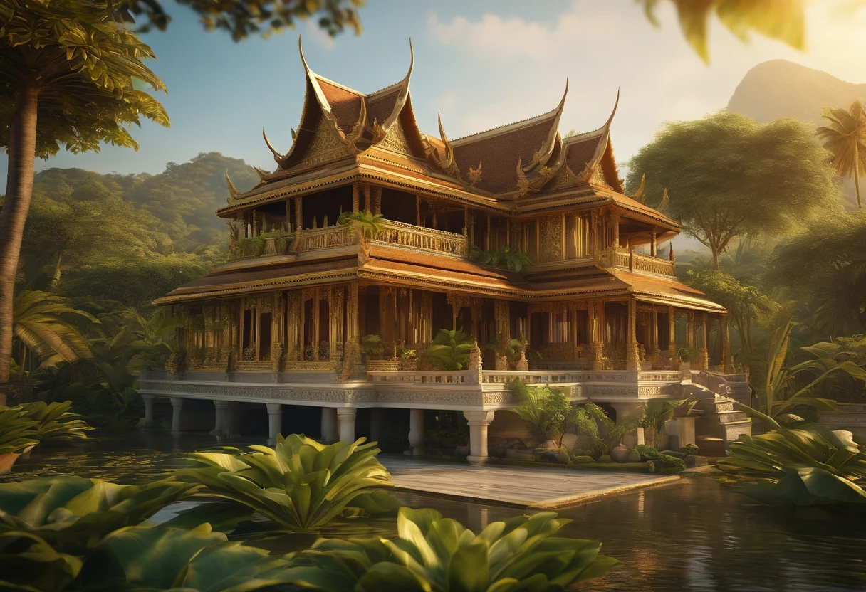 a detailed traditional golden teak thai house, intricate wood carvings, ornate roof, surrounded by lush greenery, tropical plants, lotus pond, sunlight filtering through trees, warm golden tones, (best quality,4k,8k,highres,masterpiece:1.2),ultra-detailed,(realistic,photorealistic,photo-realistic:1.37),HDR,UHD,studio lighting,ultra-fine painting,sharp focus,physically-based rendering,extreme detail description,professional,vivid colors,bokeh,architecture,landscape,tropical,nature,sunlight,golden,beautiful young woman,detailed face,detailed eyes,detailed lips,long eyelashes