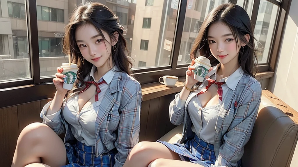 8K、RAW Photos、Highest quality、Super detailed、Super Resolution、Ultra HD、8K壁紙、Amazing details American blazer uniform girl ((White blouse with formal collar, Blue blazer, Blue plaid skirt, Red checkered ribbon on blouse)), Complete limbs, Full Finger, 
(((Inside the Starbucks store)))、16 year old female student、((Eat cake、Drink coffee、smile))、Heart Necklace、Gold bracelet
((Emphasize cleavage))
(((Woman sitting at the window seat)))
