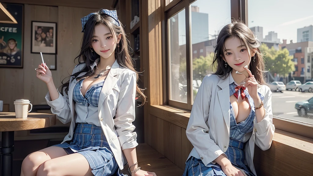 8K、RAW Photos、Highest quality、Super detailed、Super Resolution、Ultra HD、8K壁紙、Amazing details American blazer uniform girl ((White blouse with formal collar, Blue blazer, Blue plaid skirt, Red checkered ribbon on blouse)), Complete limbs, Full Finger,
(((Inside the Starbucks store)))、16 year old female student、((Eat cake、Drink coffee、smile))、Heart Necklace、Gold bracelet
((Emphasize cleavage))
(((Woman sitting at the window seat)))