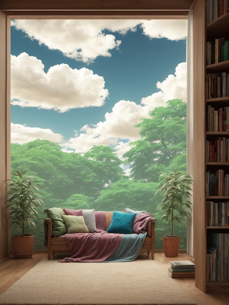 Draw an anime lofi scene of mountin facing green wooden bedroom, lot of plants, books, sofa, open roof, blue sky, beautiful sunny day, big teddy bear in the corner, aesthetically beautiful, rugsack, earthy colors, cozy space, carpet, hippy vibes, vibrant saturated colors, beautiful color palette, masterpiece, calm, peaceful, no human, cloudy sky