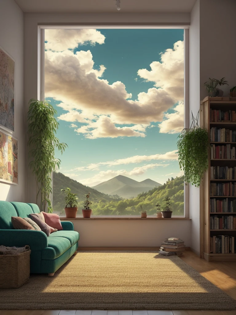 Draw an anime lofi scene of mountin facing green wooden bedroom, lot of plants, books, sofa, open roof, blue sky, beautiful sunny day, big teddy bear in the corner, aesthetically beautiful, rugsack, earthy colors, cozy space, carpet, hippy vibes, vibrant saturated colors, beautiful color palette, masterpiece, calm, peaceful, no human, cloudy sky
