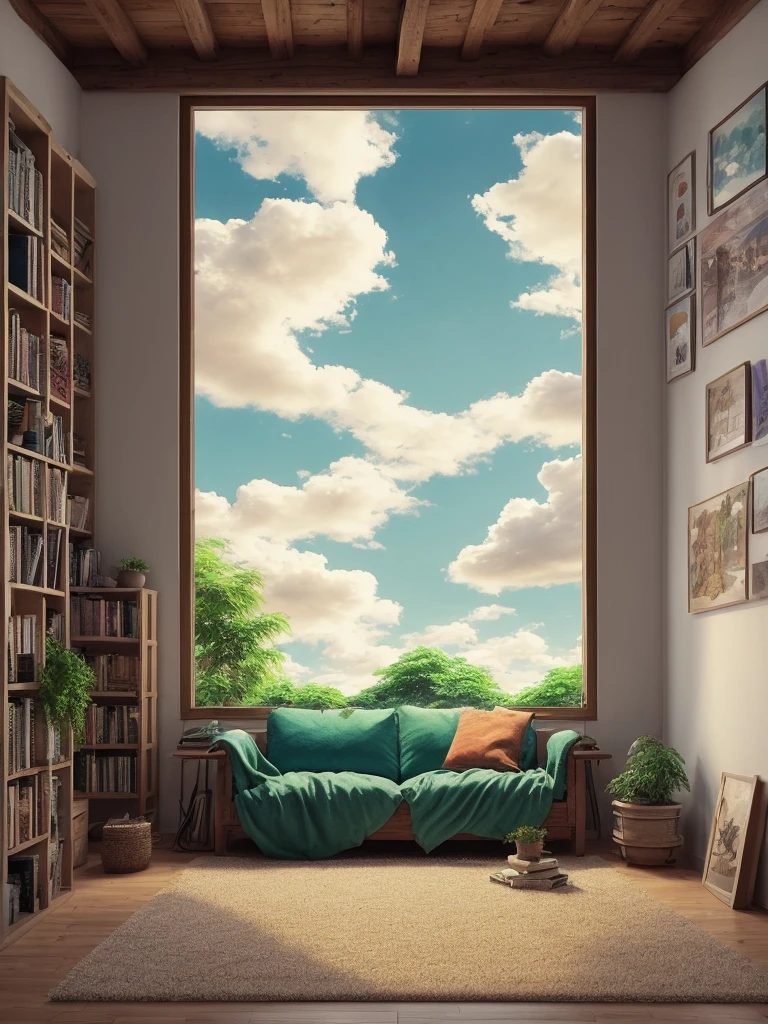 Draw an anime lofi scene of mountin facing green wooden bedroom, lot of plants, books, sofa, open roof, blue sky, beautiful sunny day, big teddy bear in the corner, aesthetically beautiful, rugsack, earthy colors, cozy space, carpet, hippy vibes, vibrant saturated colors, beautiful color palette, masterpiece, calm, peaceful, no human, cloudy sky