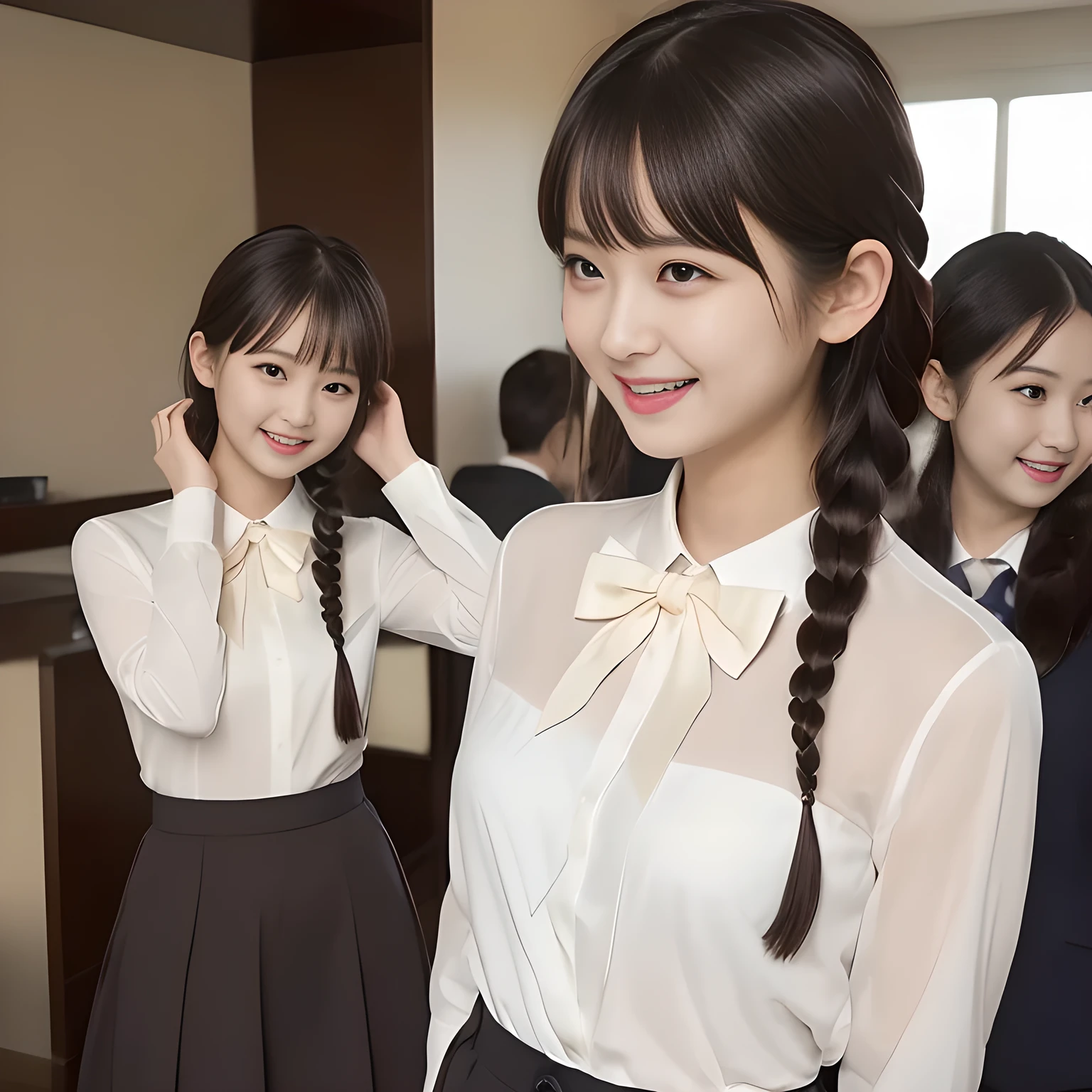 (highest quality, masterpiece:1.2), highest quality, High resolution, 1080P, 8K, Height: 158cm, ((A very intelligent, very noble, pretty and neat Japanese beautiful girl fashion model.1If a person is、Looking at the audience、Realistic fashion model profile)), ((((plump頬の白い顔)))), Glossy lips, (Evenly cut bangs), ((Very beautiful dark eyes)), The very large, shiny, wide red ribbon bowtie on her chest is very cute., ((Black Hair)), ((long twin braids)), (((Cream colored blouse))), How to wear a neat uniform, Very lustrous, glossy lips, Open hand over open mouth, slender, Beautiful hair like a hair model, Long skirt, Watching the viewer and laughing, ((Incredibly well organized、The expression is rich.、plump、Beautiful skin and face)), ((Pure and clear eyes)), ((laughing at me!))