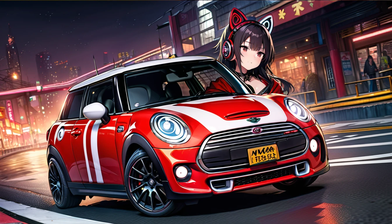 ((8k of extremely detailed CG unit, Masterpiece, high resolution, highest quality, highest quality real texture skin)), (wearing Japanese pattern headphones), ((1 girl)), (((Mini Cooper))), (((Take the driver's seat))), (((Take the wheel))), (((sunglasses, ponytail))), (Japanese pattern hoodie, Japanese-style shorts), (Black hair, messy hair, beige skin), (surreal, digital painting)