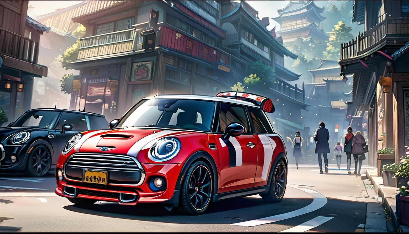 ((8k of extremely detailed CG unit, Masterpiece, high resolution, highest quality, highest quality real texture skin)), (wearing Japanese pattern headphones), ((1 girl)), (((Mini Cooper))), (((Take the driver's seat))), (((Take the wheel))), (((sunglasses, ponytail))), (Japanese pattern hoodie, Japanese-style shorts), (Black hair, messy hair, beige skin), (surreal, digital painting)