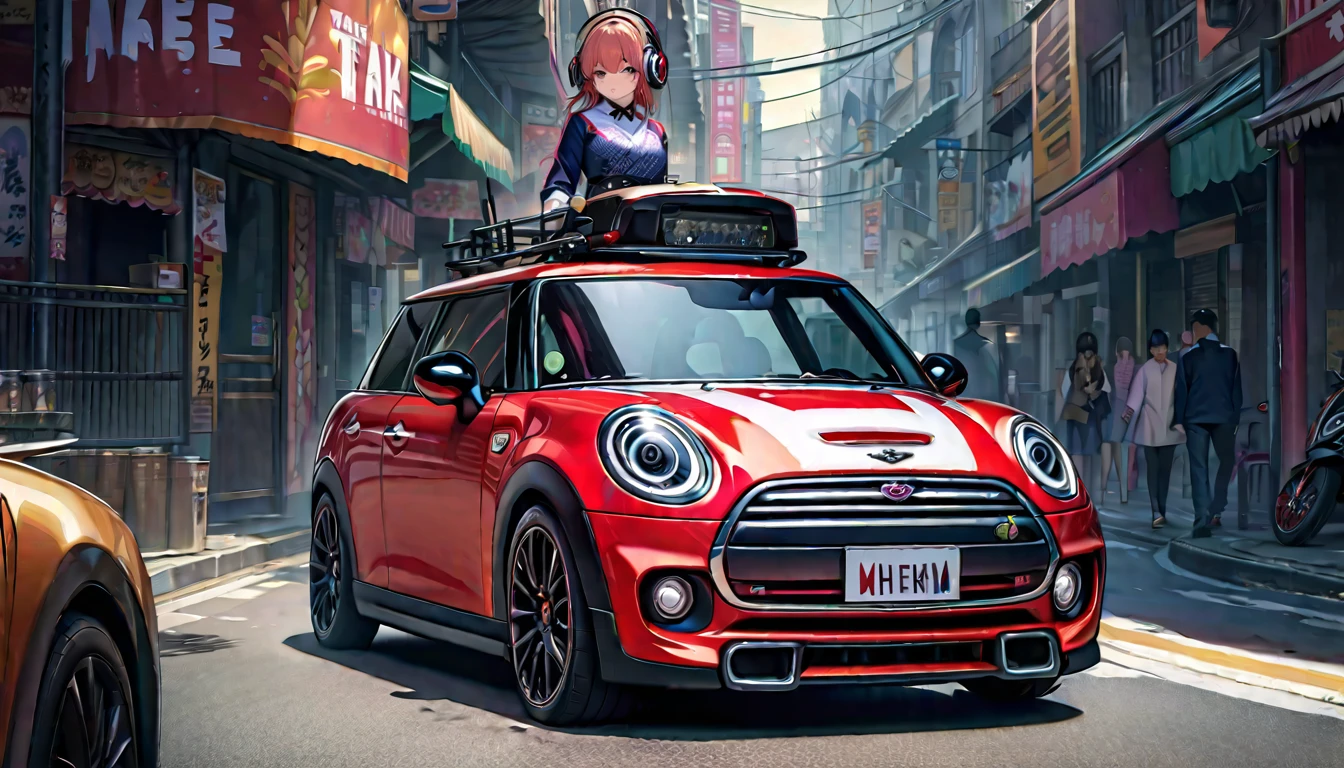 ((8k of extremely detailed CG unit, Masterpiece, high resolution, highest quality, highest quality real texture skin)), (wearing Japanese pattern headphones), ((1 girl)), (((Mini Cooper))), (((Take the driver&#39;s seat))), (((Take the wheel))), (((sunglasses, ponytail))), (Japanese pattern hoodie, Japanese-style shorts), (Black hair, messy hair, beige skin), (surreal, digital painting)