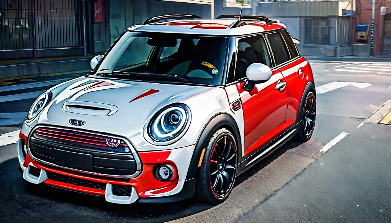 ((8k of extremely detailed CG unit, Masterpiece, high resolution, highest quality, highest quality real texture skin)), (wearing Japanese pattern headphones), ((1 girl)), (((Mini Cooper))), (((Take the driver&#39;s seat))), (((Take the wheel))), (((sunglasses, ponytail))), (Japanese pattern hoodie, Japanese-style shorts), (Black hair, messy hair, beige skin), (surreal, digital painting)