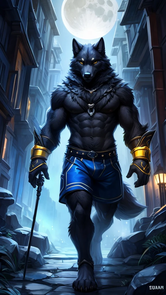 male wolf, full body covered in fluffy fur, large chest without muscles, day, detailed, Uploaded to e621, beautiful and detailed portrait of an anthropomorphic black wolf (((male))) subtract, ross tran, Ruan Jia, uploaded to e621, zaush, Foxovh, film lighting, moon lights, bright yellow eyes, black fur, he is wearing blue shorts and a blue shirt