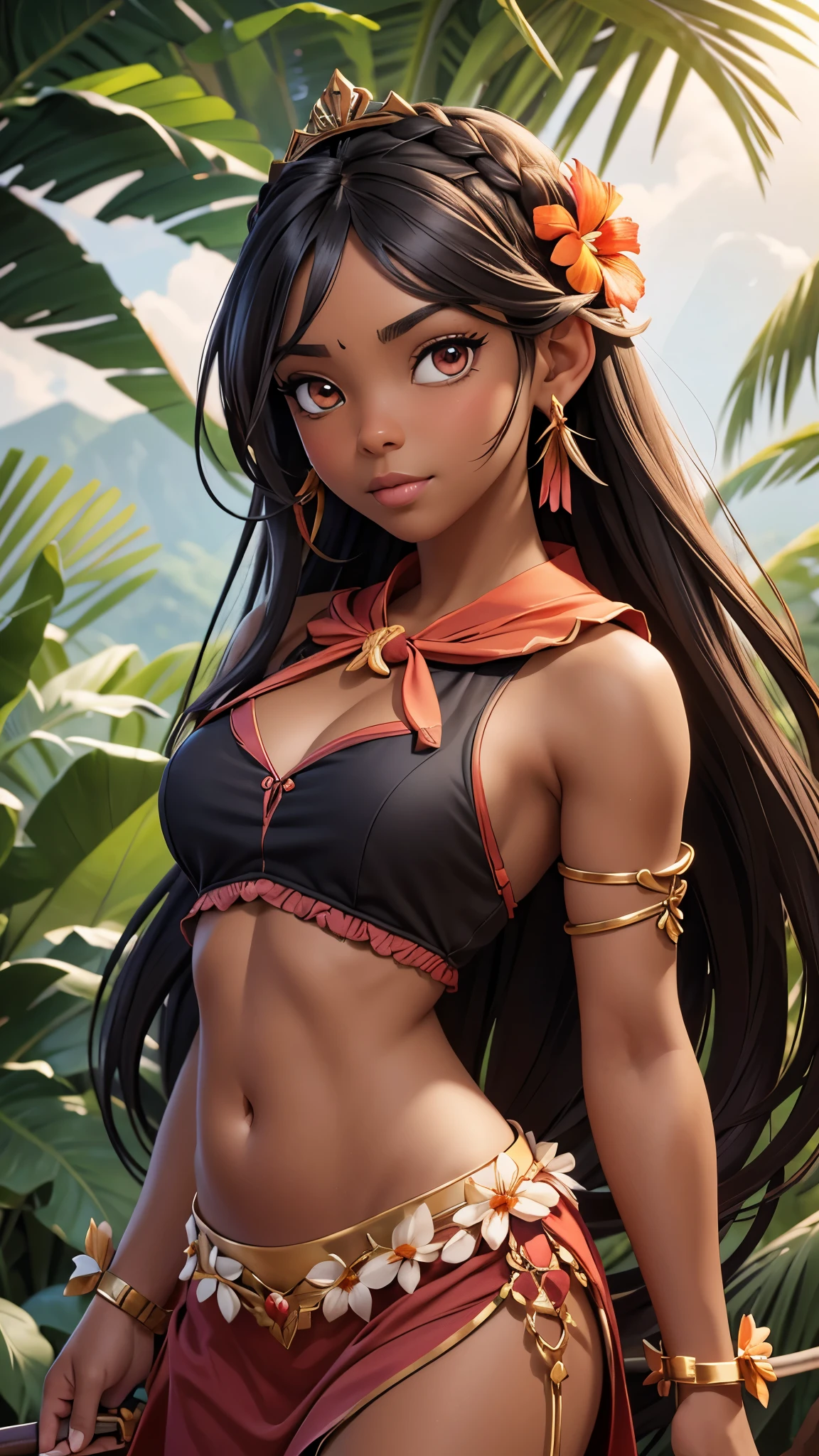 unreal engine:1.4,UHD,The best quality:1.4, photorealistic:1.4, skin texture:1.4, Masterpiece:1.8,beautiful dark skin african woman, animal fluff, fringe, bare shoulders, flat belly , black hair,black skin, blue sky, bow, braid, building, clavicle, crown braid, dark skin, separate sleeves, face viewer, flower, ruffled sleeves, steering wheels, gradient eyes, hair behind ear, hair bow, head bowing, move, light blush, long hair, looking at the viewer, multicolored eyes, nature, belly button, orange bow, move de palma, palm, parted lips, pink eyes, plant, portrait, Red flower, shirt, single braid, sky, only, sunlight, tan, teeth, tree, tropical, Upper part of the body, teeth superiores, water (Estilo Elden Ring:1.3), (Warhammer style:1.1), Conceptual artist, global ilumination, depth of field, splash art, Art by Artgerm and Greg Rutkowski and Viktoria Gavrilenko,