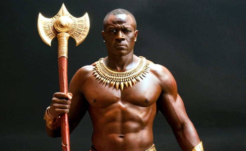 ((Intricate details))), (((highest quality))), (((extreme attention to detail))), (((complex composition))). African god, king of fire warriors, holds a double-bladed ax in his hands. Flames around his body emulate the mysterious atmosphere of cinematic light.