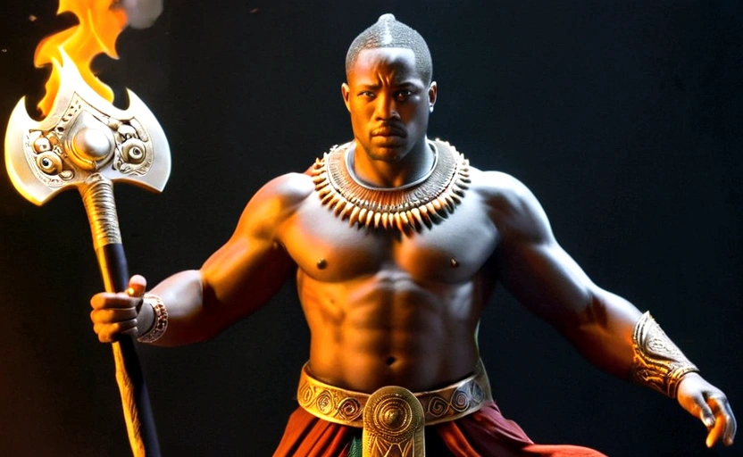 ((Intricate details))), (((highest quality))), (((extreme attention to detail))), (((complex composition))). African god, king of fire warriors, holds a double-bladed ax in his hands. Flames around his body emulate the mysterious atmosphere of cinematic light.