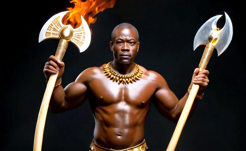 ((Intricate details))), (((highest quality))), (((extreme attention to detail))), (((complex composition))). African god, king of fire warriors, holds a double-bladed ax in his hands. Flames around his body emulate the mysterious atmosphere of cinematic light.