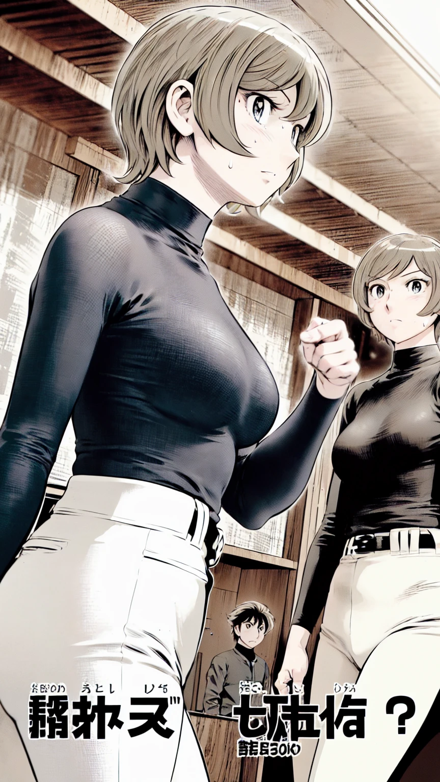 (野球uniform:1.2),
Blonde Hair, (short hair:1.2),Long sleeve, Black Shirt, turtleneck,White trousers、uniform、Black belt、((Illustration of people))、Big 、
View Audience,, (Highest quality:1.3),One Girl, White pants、uniform、Outdoor、baseball ground、ground、soil、blue eyes、Tight black shirt、(masterpiece、Highest quality)、Highest quality, Ultra-high resolution, (((masterpiece))), alone, Sweat、Big eyes、Big Breasts、One Girl, Front view、Embarrassed face、Bronze colored hair、((short hair))、Stand up straight