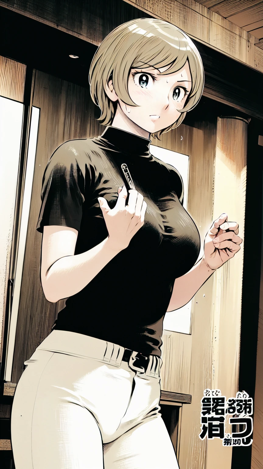 (野球uniform:1.2),
Blonde Hair, (short hair:1.2),Long sleeve, Black Shirt, turtleneck,White trousers、uniform、Black belt、((Illustration of people))、Big 、
View Audience,, (Highest quality:1.3),One Girl, White pants、uniform、Outdoor、baseball ground、ground、soil、blue eyes、Tight black shirt、(masterpiece、Highest quality)、Highest quality, Ultra-high resolution, (((masterpiece))), alone, Sweat、Big eyes、Big Breasts、One Girl, Front view、Embarrassed face、Bronze colored hair、((short hair))、Stand up straight