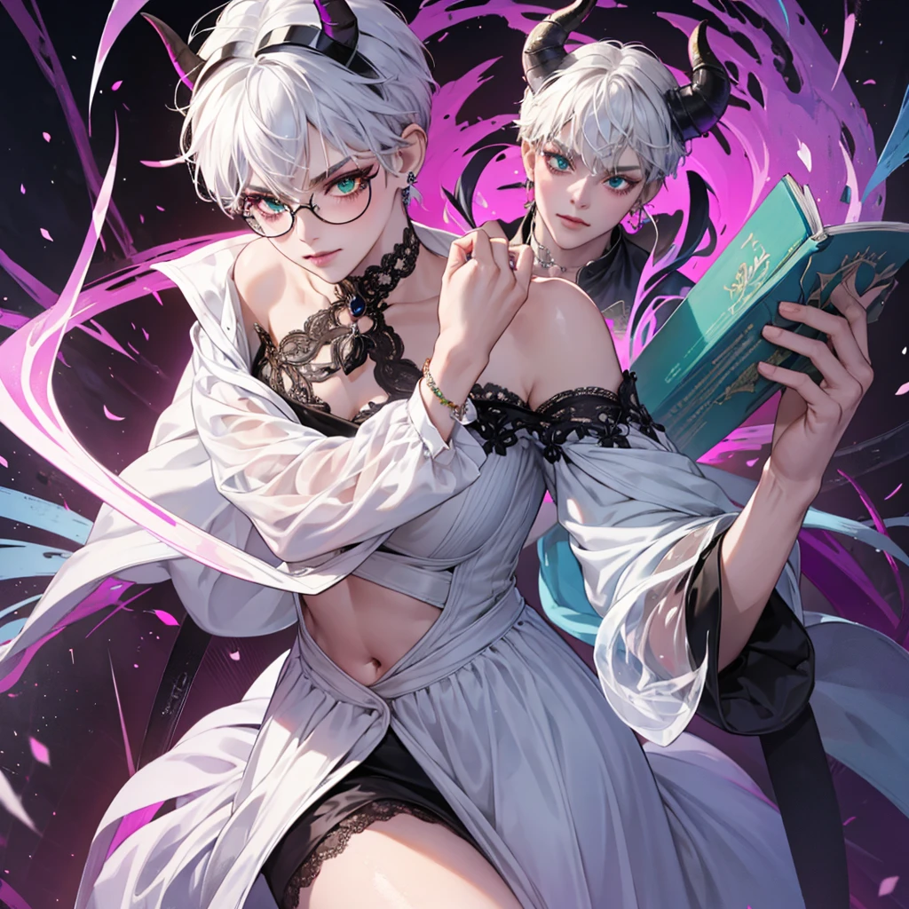 8k, masterpiece, best quality, highly detailed, 1 girl, tiefling, warlock, multicolored hair, very short straight hair green highlight hair on white hair, strippled hair, wearing glasses, round glasses, earrings, long dress with side cut, lace dress, red eyeshadow, long eyelashes,navel piercing, blushed cheek, necklace, collarbone, high heels, mole, glamorous, purple and teal clothing, villainy, smirk, seductive face, close up view, rings, looking at viewer, standing, demon horns, solo, hand touching cheek, school, black lace gloves, holding book, sensei, miniskirt.