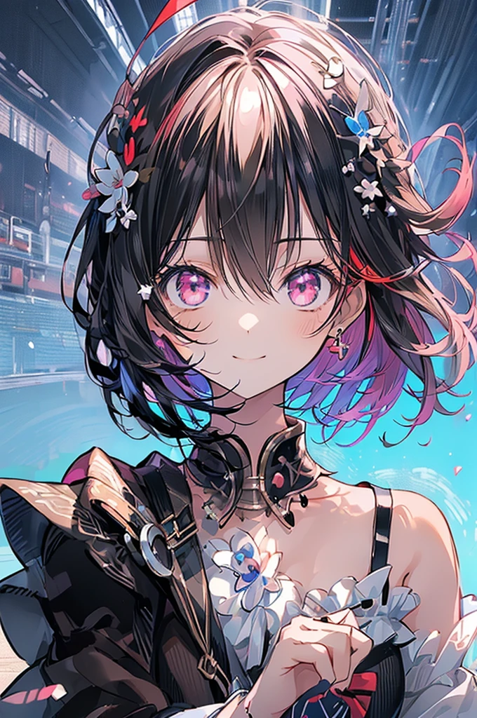(masterpiece, highest quality, highest quality, (No text), Beautiful and aesthetic:1.2),No text,アニメ、 high resolution　BREAK,One Girl，Short black hair　Tree Eyes　Beautiful eyes　Red eyes　Beautiful girl　cool　smile　Black Coat　mini skirt　profile　Night view　Detailed eyes and face