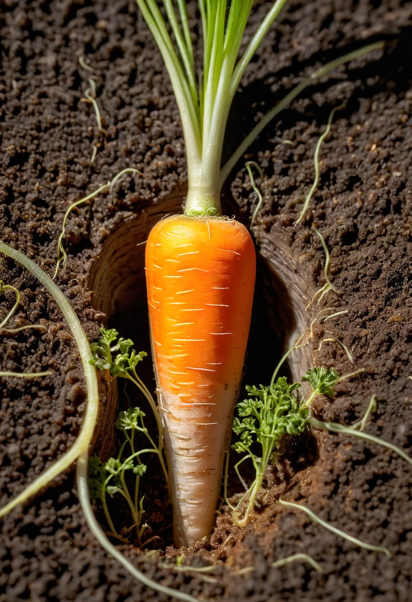 masterpiece, intricate detail, 8K, HDR, 

Cross section of a carrot growing in the ground. A scientific perspective on the cross section of a carrot growing.