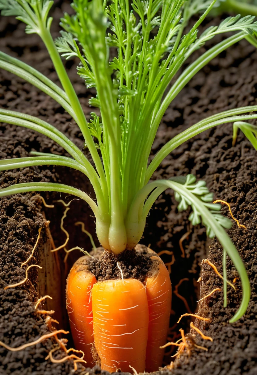 masterpiece, intricate detail, 8K, HDR,
Cross section of a carrot growing in the ground. A scientific perspective on the cross section of a carrot growing.