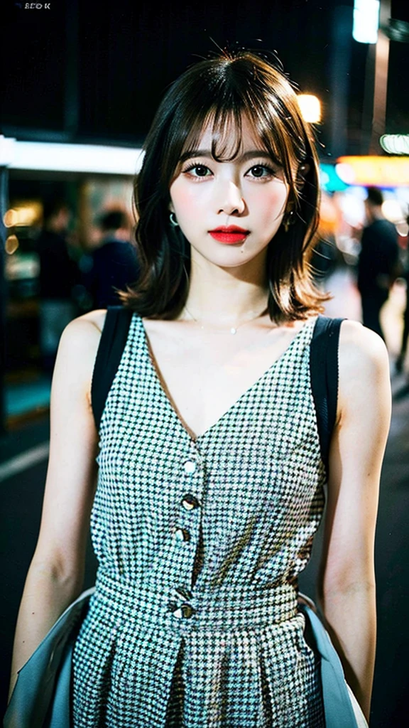 (Highest quality, 8K, 32k, masterpiece, Ultra-high resolution: 1.2), Cute Japanese Women Photos, Short Bob Hair, Full body view, Extra Large_one piece, Earrings, Model pose,(Cinematic aesthetics:1.4), Beautiful stylish fashion model,Bokeh city night photo