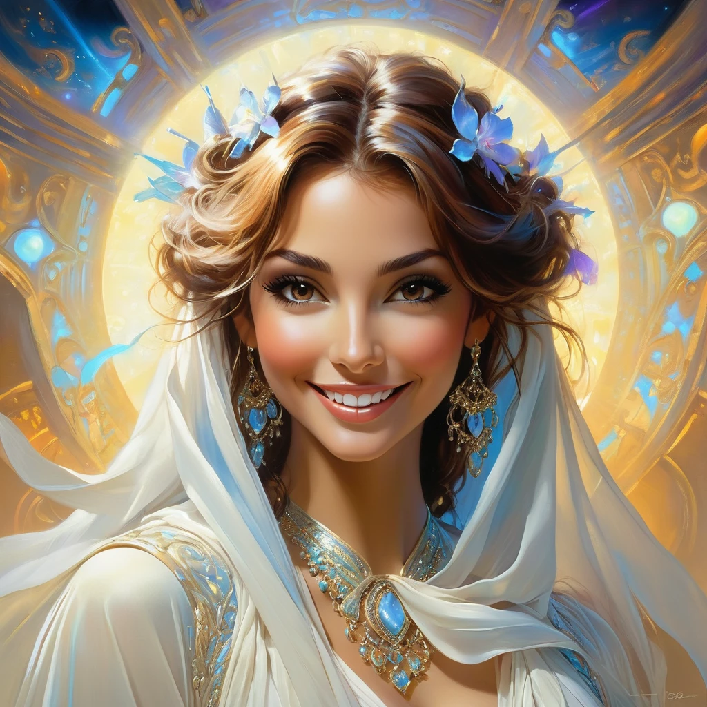 Hyperrealistic-surreal and fantasy composition Ideal and dynamic digital painting, portrait of an incredibly beautiful smiling woman, luxurious brown hair, black light atmosphere, Jose Royo style, Boris Vallejo, Carne Griffithsa, Vadim Kashin, Harrison Fisher, Brian Froud and Jeremy Mann, Epic Setting, black light show, Stedman&#39;s various styles, Hanukkah, Klimt, Bella, Hobby, Newton, Grega Rutkowski, atmospheric, Artstation trend, artgerm, deviant art, octans, masterpiece, Intricate art, details Intricate, Movie poster with matte painting, Golden ratio, Trend of CGsociety, incredibly detailed and incredibly beautiful, high quality