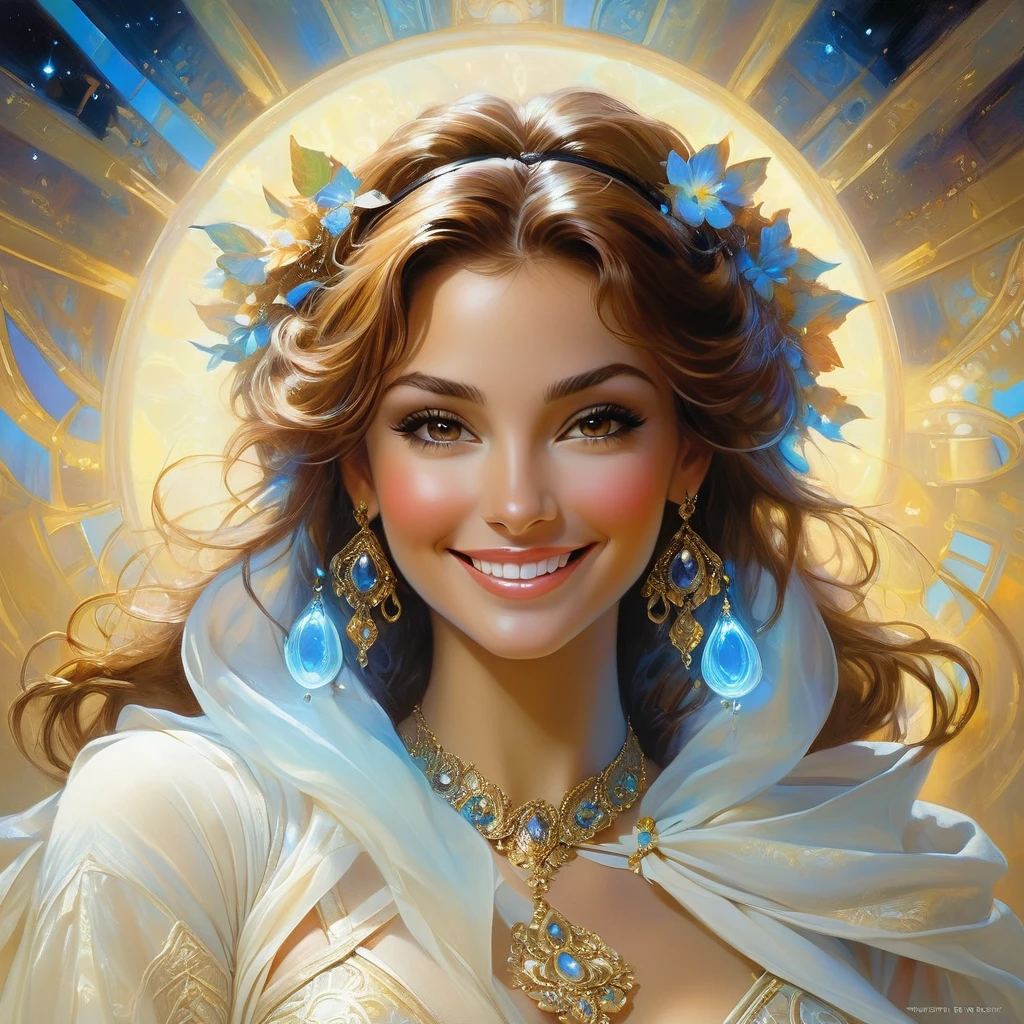 Hyperrealistic-surreal and fantasy composition Ideal and dynamic digital painting, portrait of an incredibly beautiful smiling woman, luxurious brown hair, black light atmosphere, Jose Royo style, Boris Vallejo, Carne Griffithsa, Vadim Kashin, Harrison Fisher, Brian Froud and Jeremy Mann, Epic Setting, black light show, Stedman&#39;s various styles, Hanukkah, Klimt, Bella, Hobby, Newton, Grega Rutkowski, atmospheric, Artstation trend, artgerm, deviant art, octans, masterpiece, Intricate art, details Intricate, Movie poster with matte painting, Golden ratio, Trend of CGsociety, incredibly detailed and incredibly beautiful, high quality