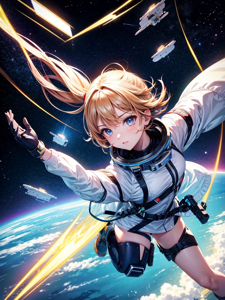 Highest quality,Highest Resolution,A beautiful android girl flying in space,Earth in the background,Equipped with cutting-edge technology,