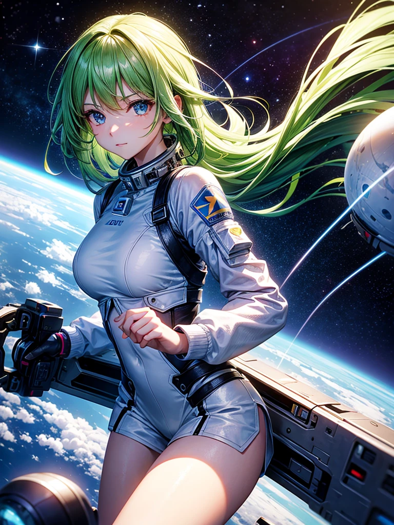 Highest quality,Highest Resolution,A beautiful android girl flying in space,Earth in the background,Equipped with cutting-edge technology,
