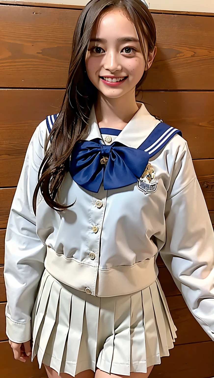 (((cowboy shot))),Ultra-high resolution,big eyes,(brown eyes),Japanese,(forehead),(a girl),(1 girl),((17 years old)),(cute),pretty,((facing at viewer)),grin,(((white school sailor uniform))),pleated skirt,sitting,thighs