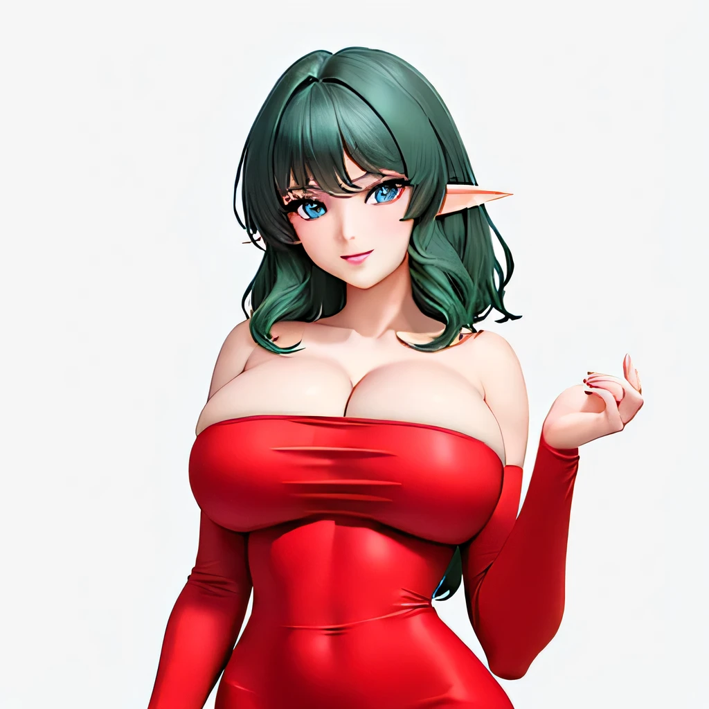 ((masterpiece,best quality,ultra-delicate,Perfect Face,16k,high resolution,very beautiful girl)),Medium short green hair:1.2, Red strapless bodycon tube dress ,Red long arm sleeves,outstretching arms,Elf Girl,((gigantic Breasts:1.3)),blue eyes,Beautiful smile,20 years old,bedroom