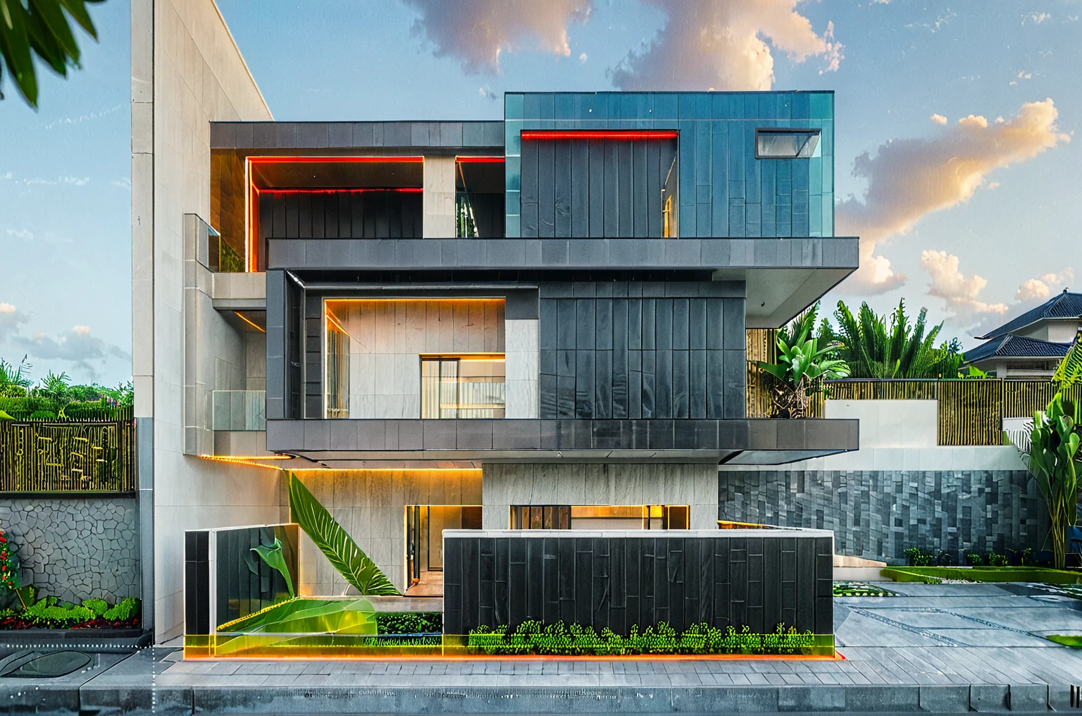modern villa on street, (daylight), tropical tree, (slope roof, black tiled roof:1.2), vivid color, streetcapes, nice sky, grey tone, large glass door, warm interior lighting, modern material, best quality, ultra realistic, masterpiece,