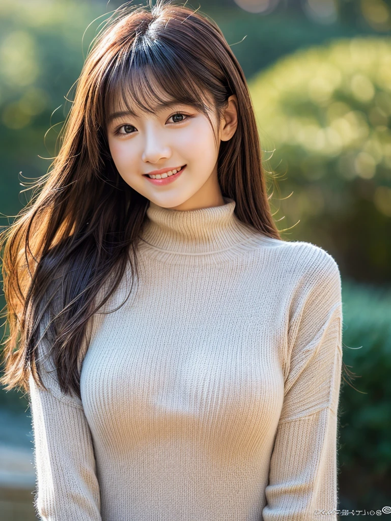 masutepiece, Best Quality, Illustration, Ultra-detailed, finely detail, hight resolution, 8K Wallpaper, Perfect dynamic composition, Beautiful detailed eyes, Mocha long sleeve knit dress,Straight hair,Small breasts natural color lip, Randomly sexy poses,Smile、20 years girl、Cute、Sexy shot looking at camera,Perfect and beautiful face