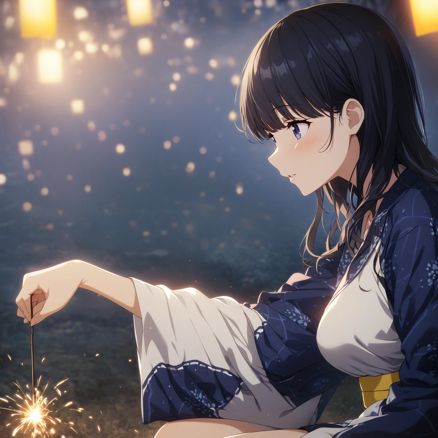 1girl、Black Hair、Indigo yukata、Yellow belt、squat、Sparkler、night、Illuminate the face、deep faint light 、 detailed CG、high resolution