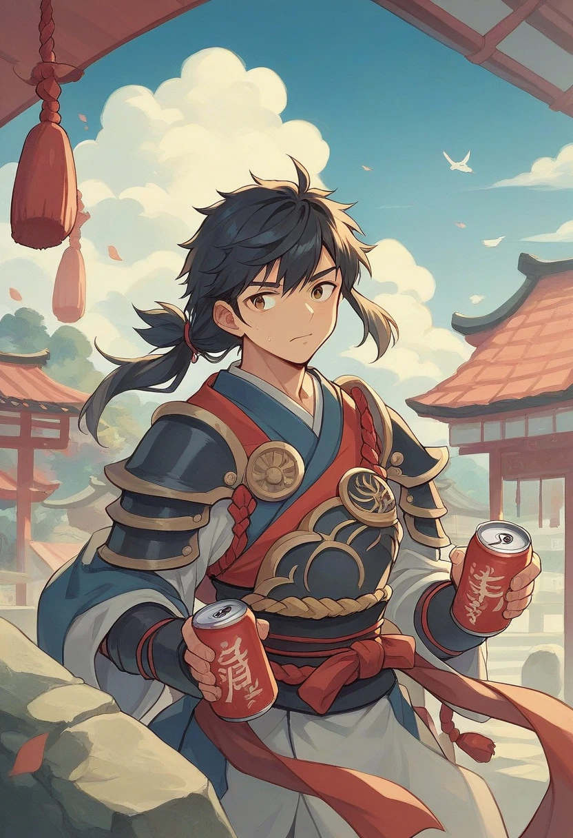 “Create an illustration of the dog from the Japanese folktale Momotaro. The dog should look loyal and brave, with traditional Japanese elements in the background, such as a rural village or a scenic countryside. The dog can be depicted wearing a samurai-like armor or an accessory to emphasize its role as a companion to Momotaro. The overall style should be inspired by traditional Japanese art.”