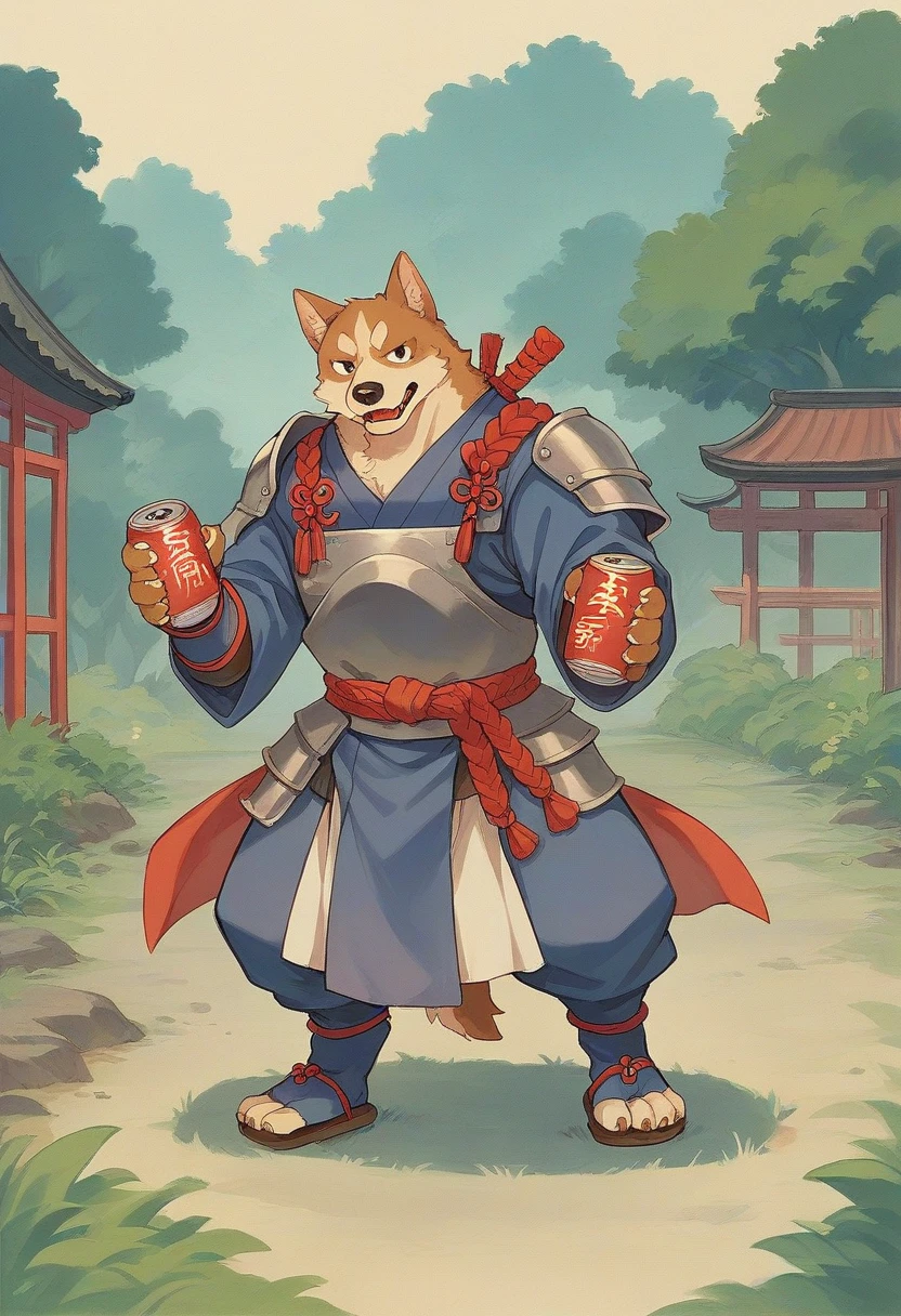 “Create an illustration of the dog from the Japanese folktale Momotaro. The dog should look loyal and brave, with traditional Japanese elements in the background, such as a rural village or a scenic countryside. The dog can be depicted wearing a samurai-like armor or an accessory to emphasize its role as a companion to Momotaro. The overall style should be inspired by traditional Japanese art.”