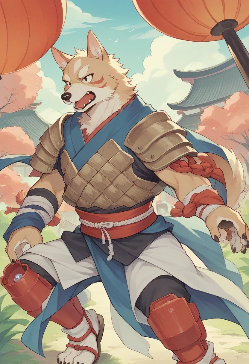 “Create an illustration of the dog from the Japanese folktale Momotaro. The dog should look loyal and brave, with traditional Japanese elements in the background, such as a rural village or a scenic countryside. The dog can be depicted wearing a samurai-like armor or an accessory to emphasize its role as a companion to Momotaro. The overall style should be inspired by traditional Japanese art.”