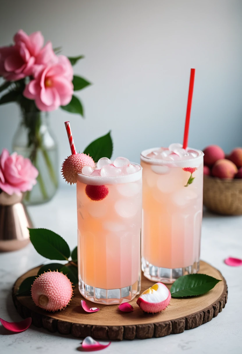 RAW photo, lychee rose cooler, hot summer day, food photo, DSLR, fresh lychee and rose petals garnish, soft lighting, high quality, film grain, Fujifilm XT