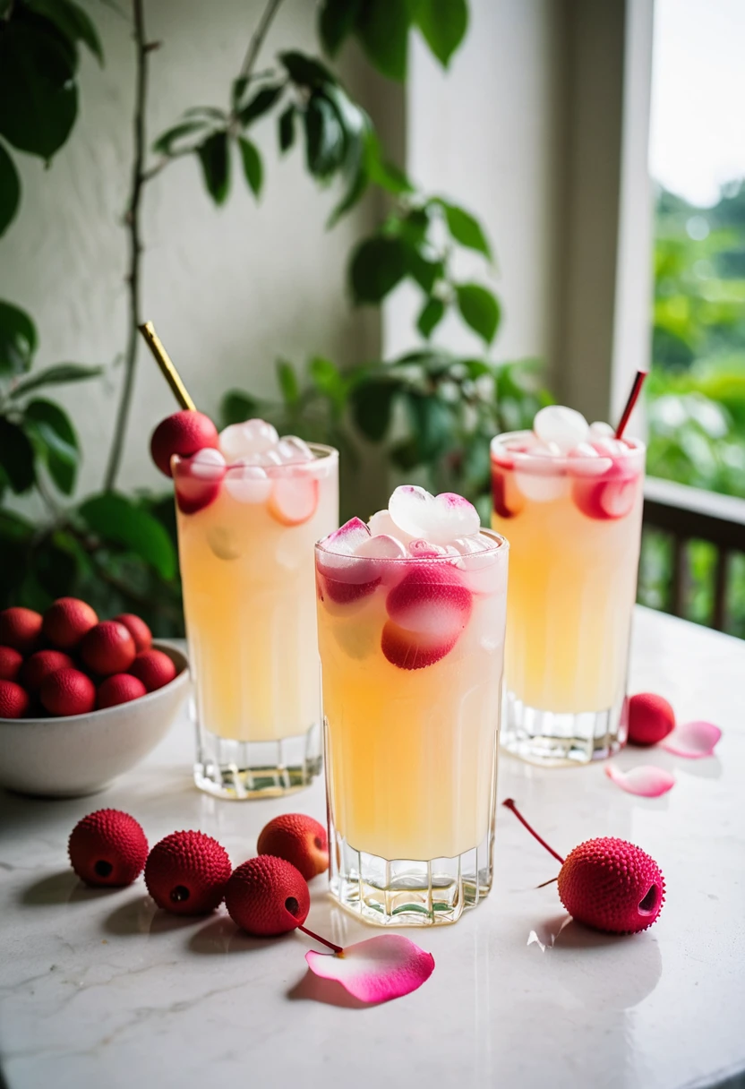 RAW photo, lychee rose cooler, hot summer day, food photo, DSLR, fresh lychee and rose petals garnish, soft lighting, high quality, film grain, Fujifilm XT