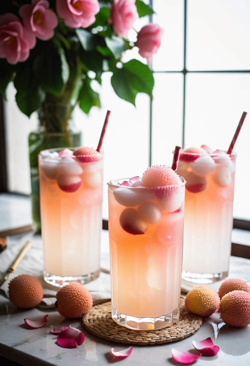 RAW photo, lychee rose cooler, hot summer day, food photo, DSLR, fresh lychee and rose petals garnish, soft lighting, high quality, film grain, Fujifilm XT